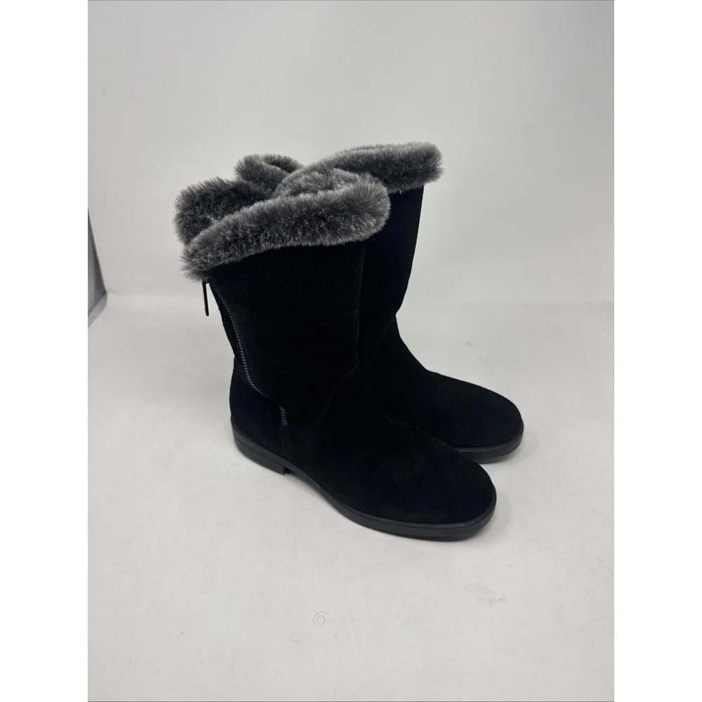 Aquatalia Marilena  Black Suede Faux Fur Trim Winter Boots Size 6.5 Italy
